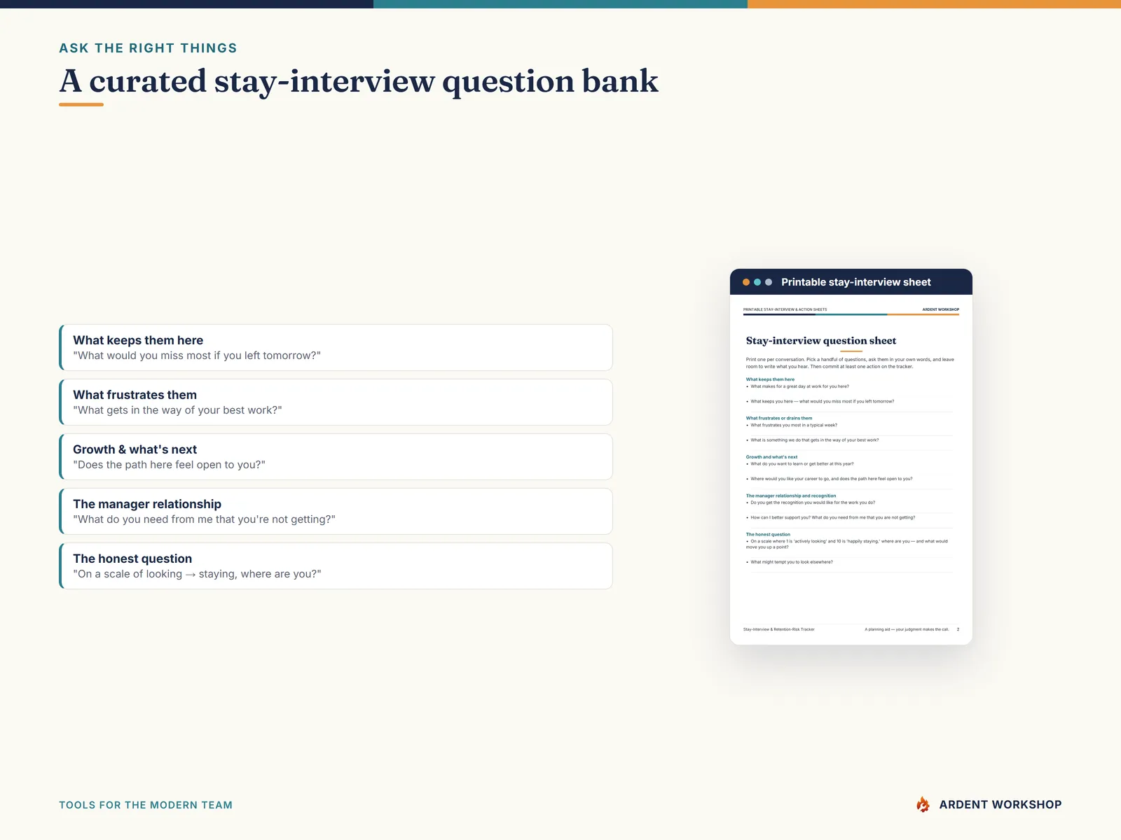 A curated stay-interview question bank and a printable stay-interview sheet