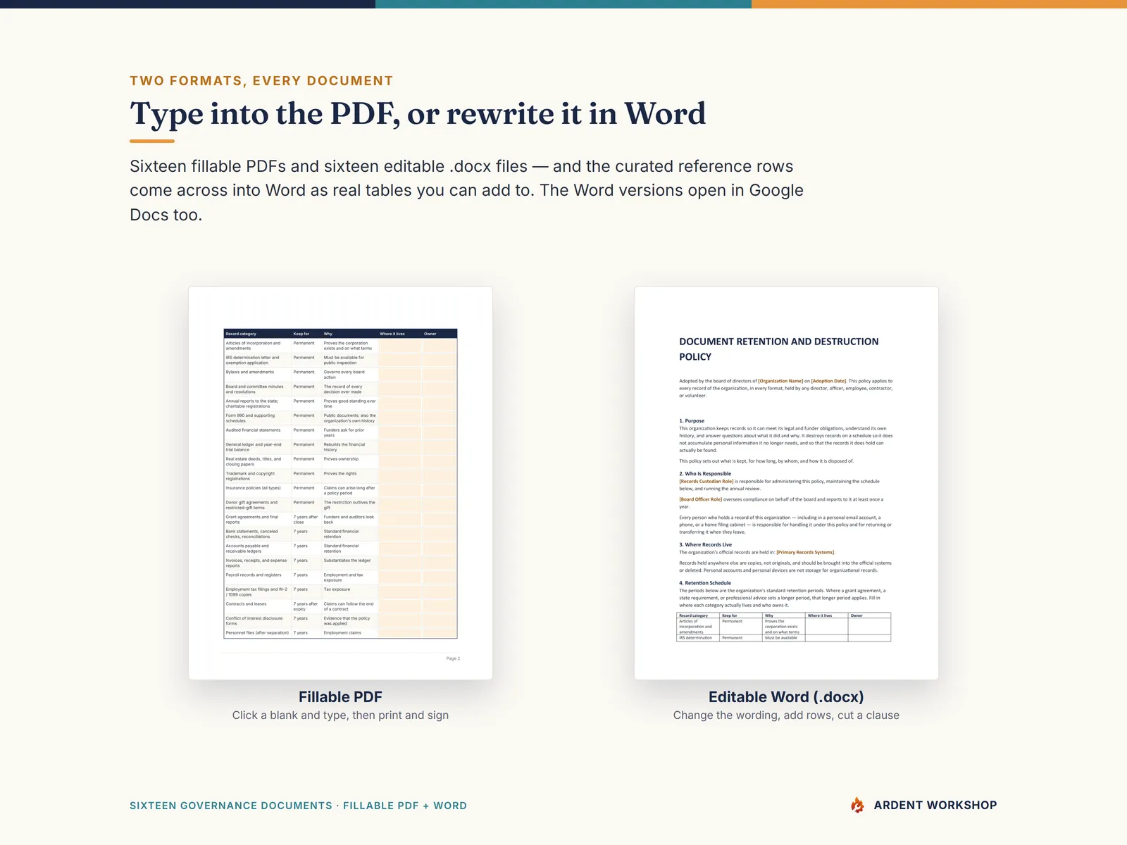 Two formats for every document — a fillable PDF and an editable Word file with the reference rows carried across