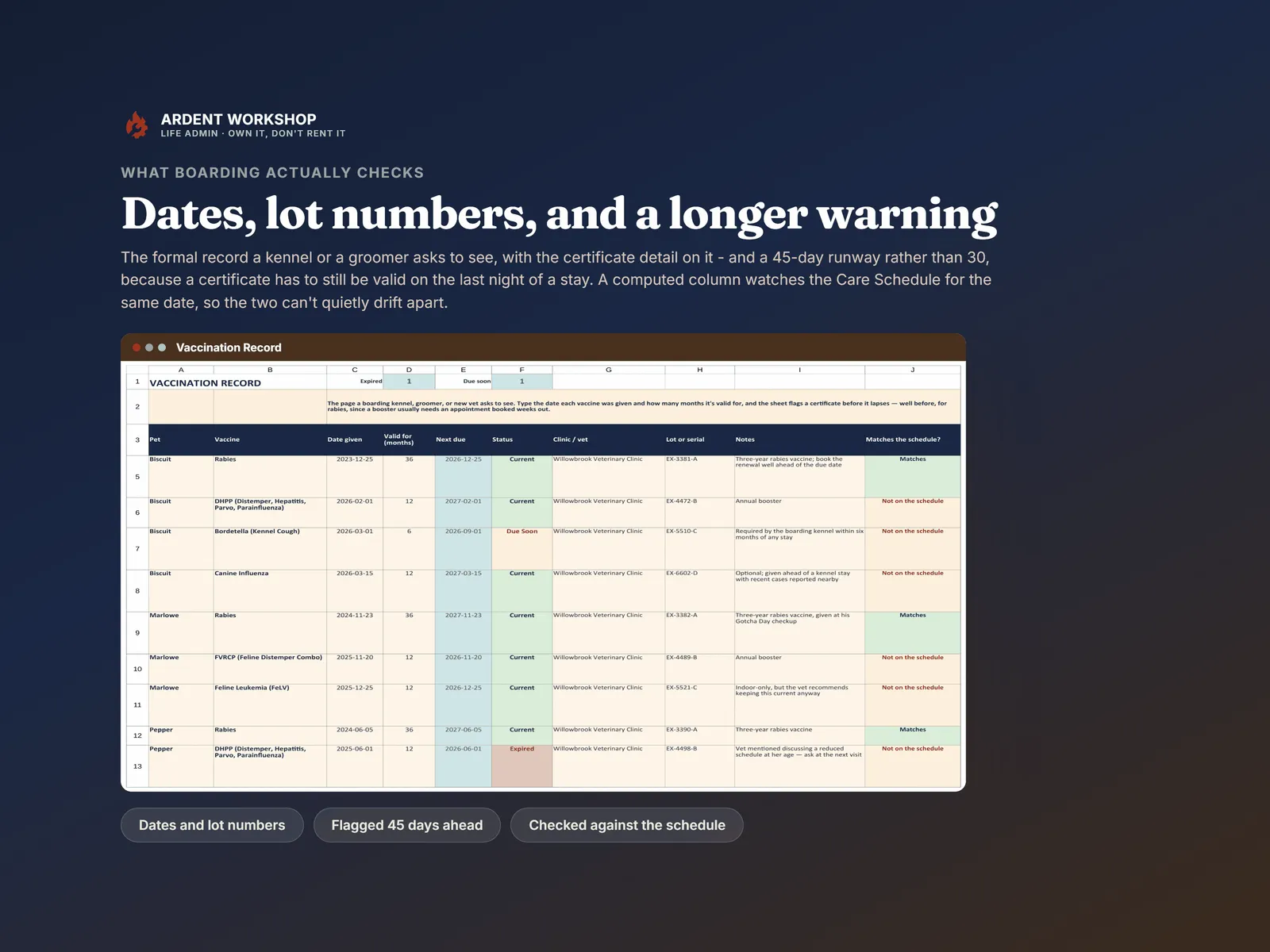 Vaccination Record with dates given, validity, lot numbers and a computed status flagged 45 days before a certificate lapses