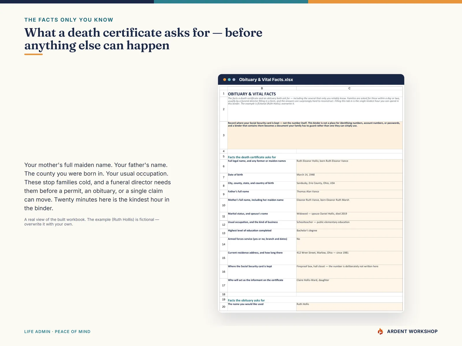 Obituary & Vital Facts tab — the facts a death certificate and an obituary both ask for