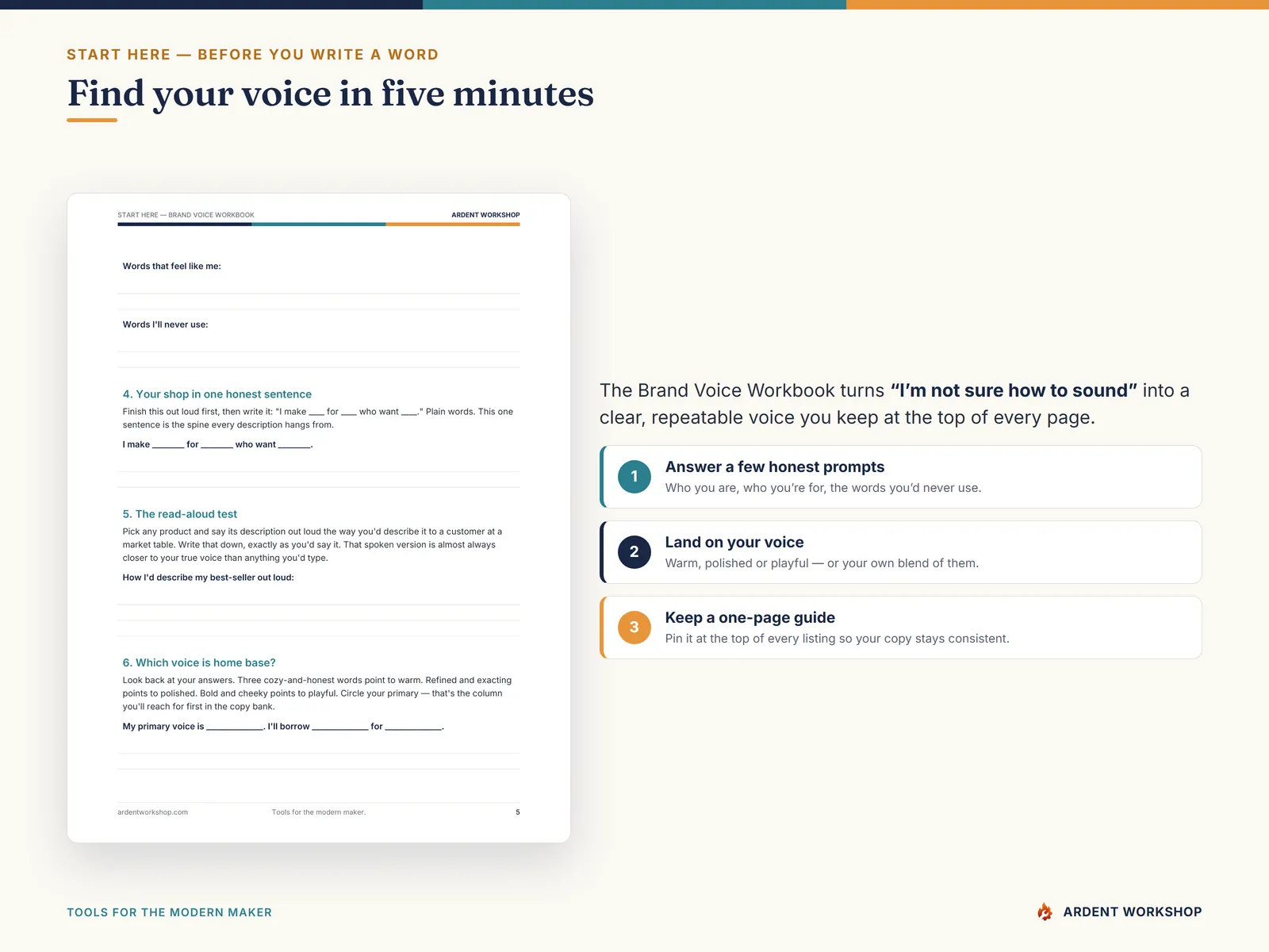 Maker's Product Description & Brand Voice Copy Bank — Brand Voice Workbook: find your voice in five minutes
