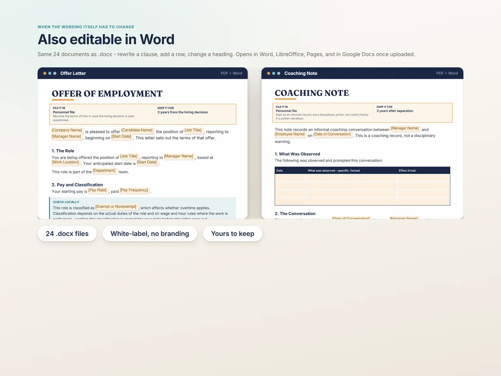 Every document also ships as an editable Word file for when the wording itself has to change