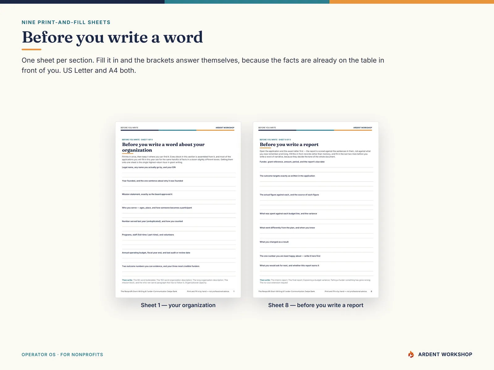 Two of the nine print-and-fill before-you-write worksheets, one per section
