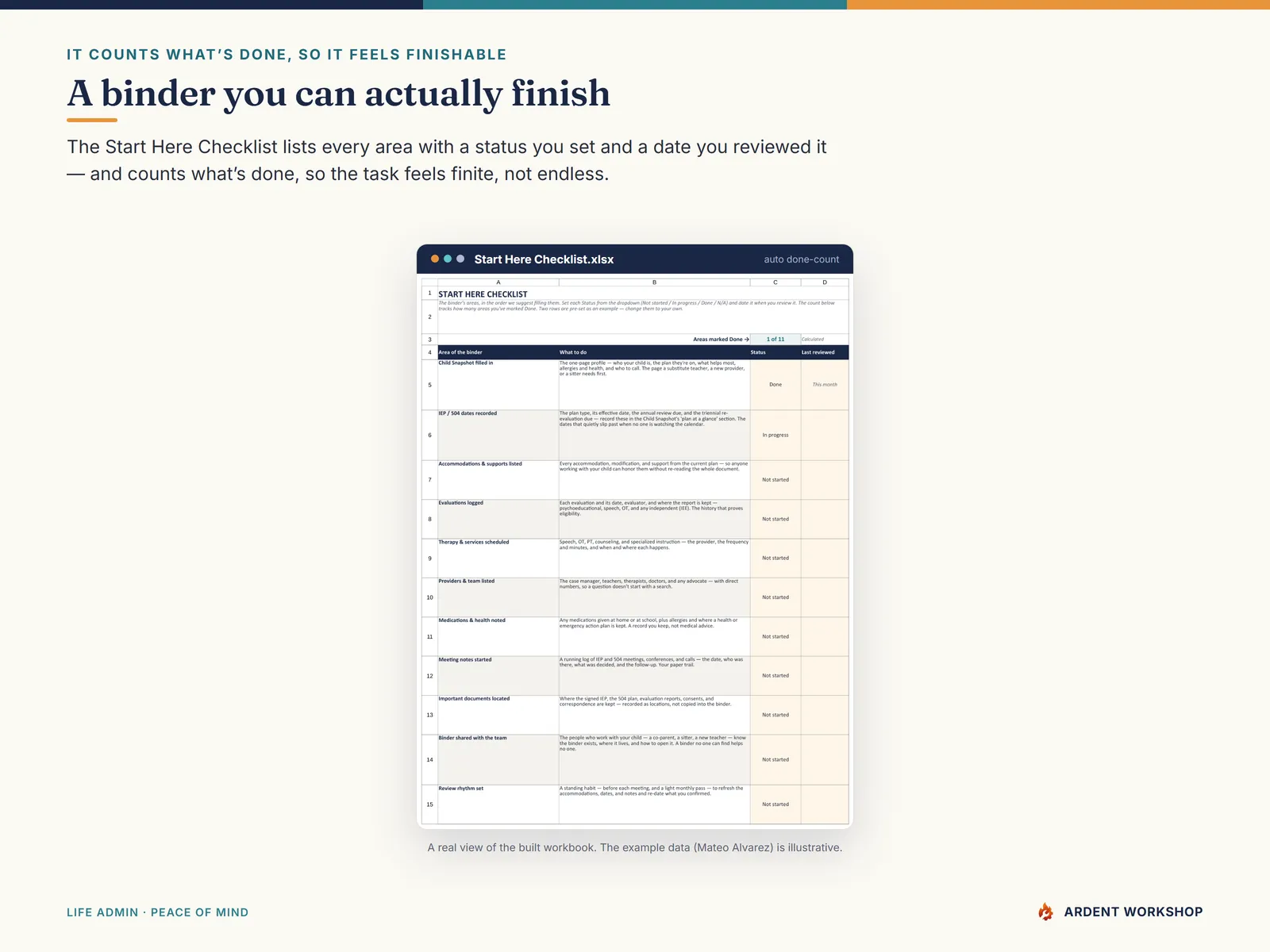 IEP Records & Care Binder — the Start Here Checklist with a status for every area and a done-count