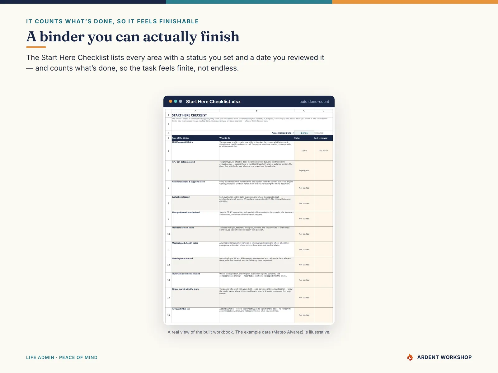 IEP Records & Care Binder — the Start Here Checklist with a status for every area and a done-count
