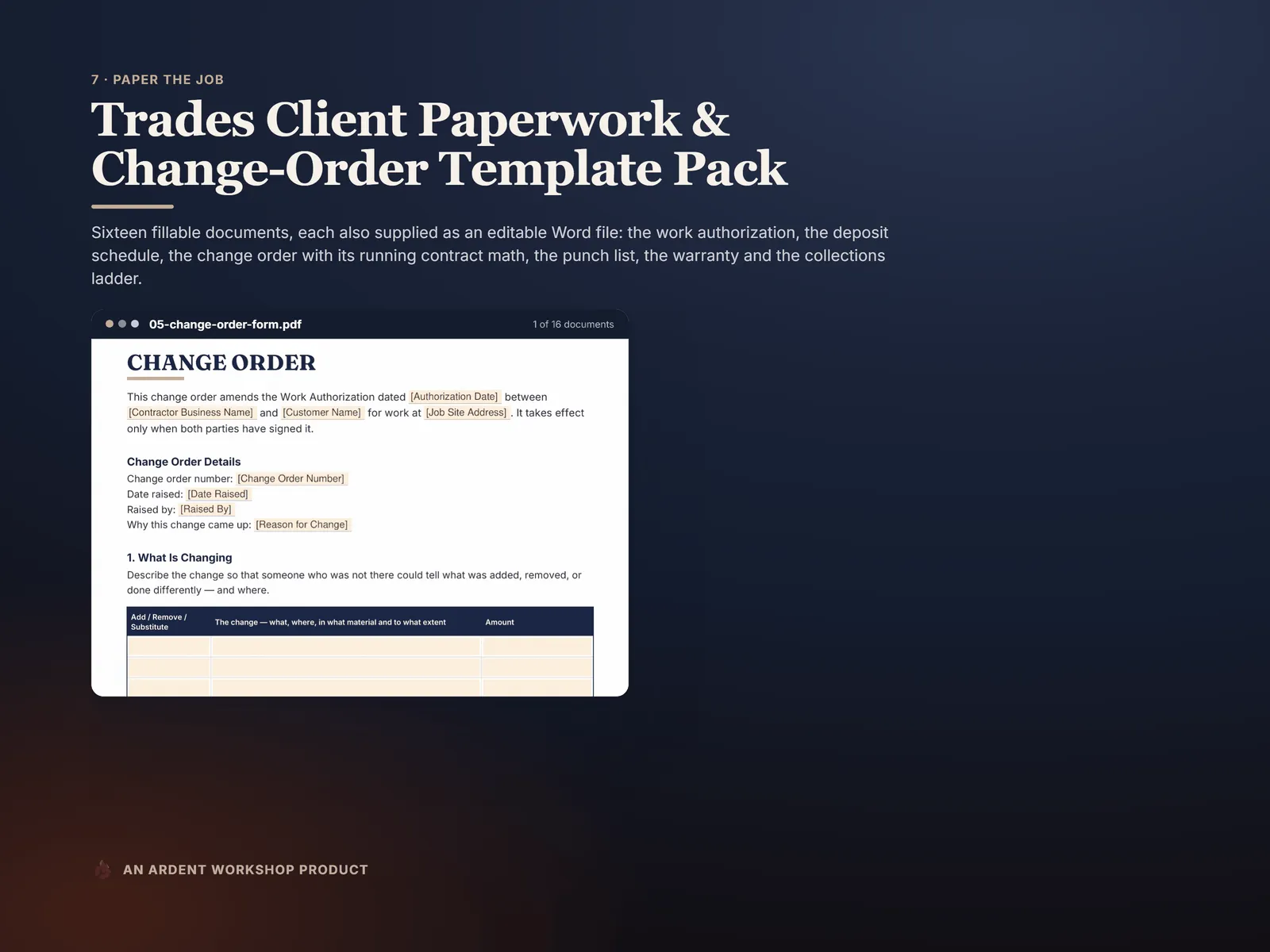 Trades Client Paperwork pack — the fillable change-order form with its running contract math