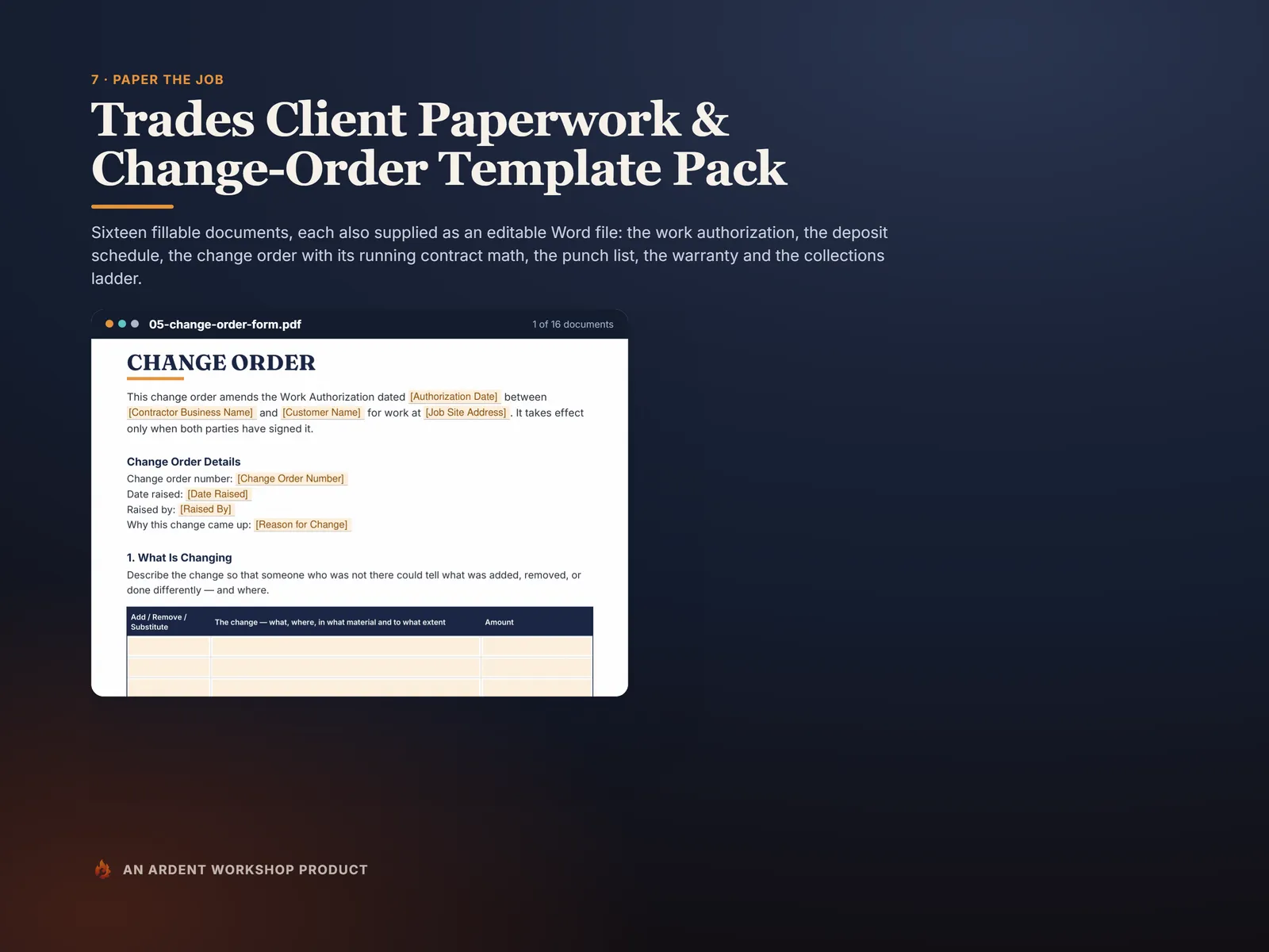 Trades Client Paperwork pack — the fillable change-order form with its running contract math