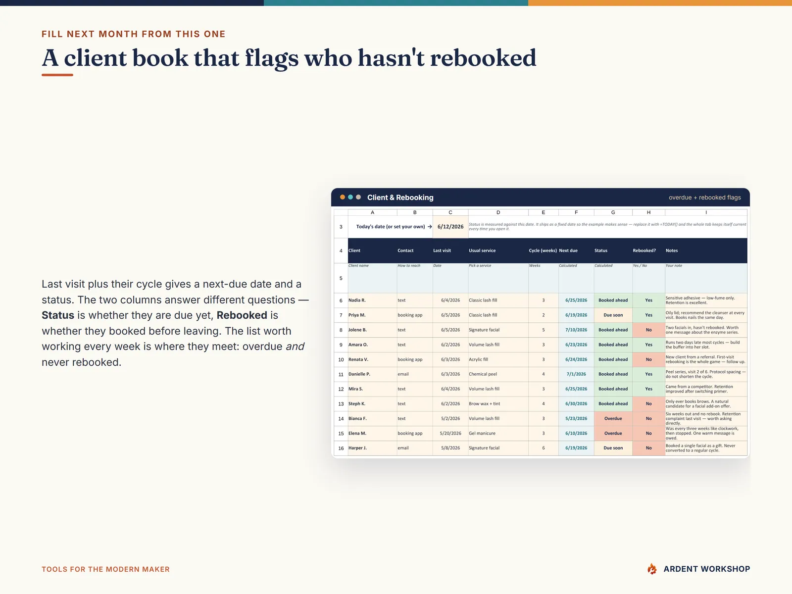 Client & Rebooking tab with next-due dates, an overdue flag and who left without rebooking