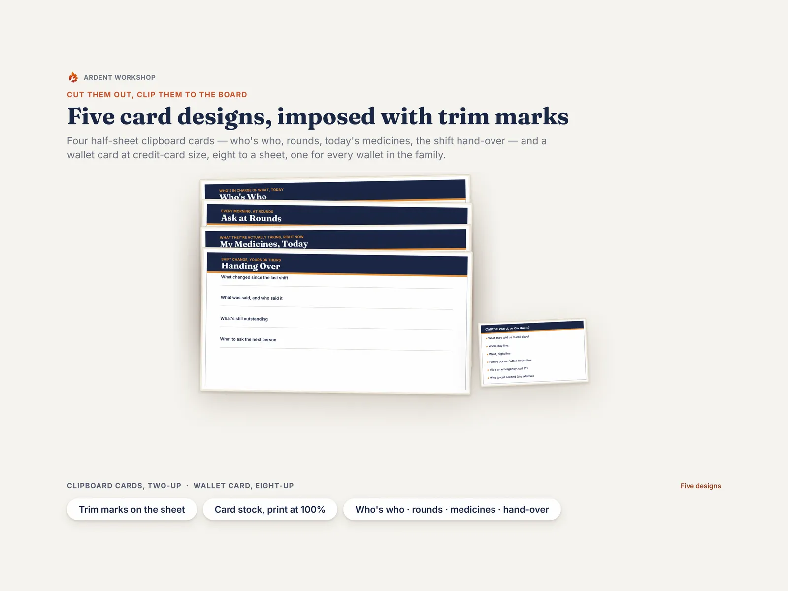 The cut-out cards — 5 designs and 12 cards, imposed with trim marks for a clipboard and a wallet