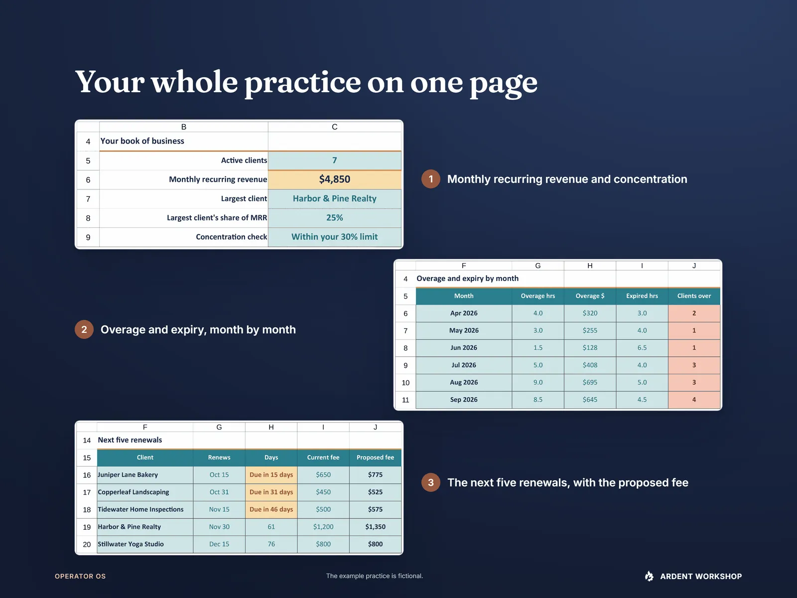 Three blocks of the Dashboard, each numbered: recurring revenue and concentration, overage and expiry by month, and the next five renewals with the proposed fee