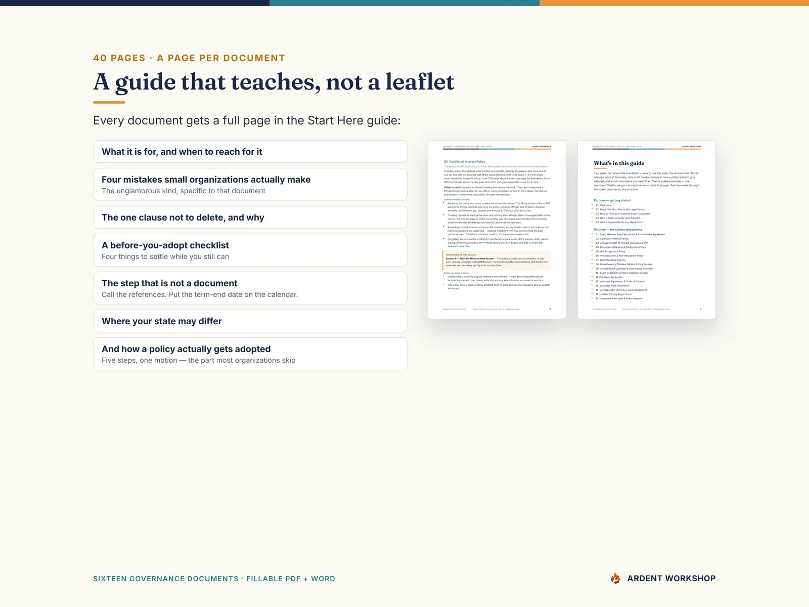 A 40-page plain-language guide with a full page on each of the sixteen documents
