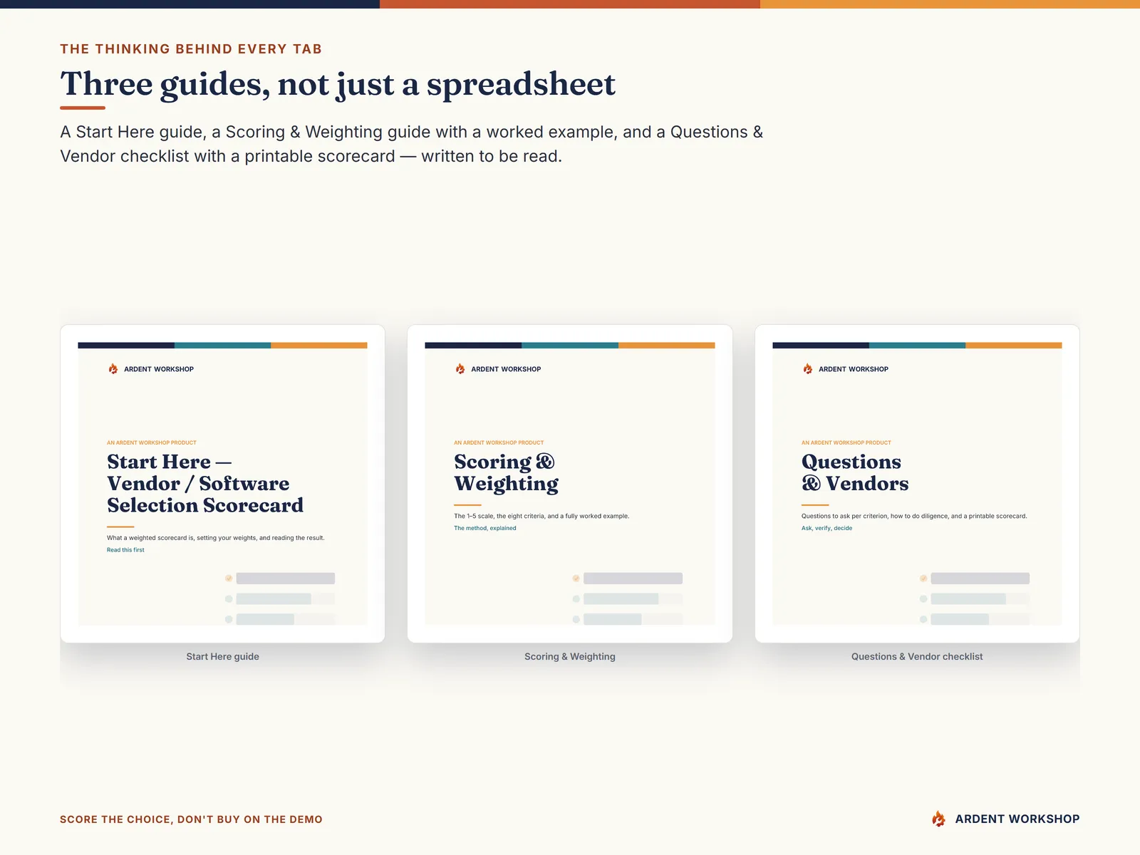 Three PDF guides on weighted scoring, total cost of ownership, and vendor due diligence