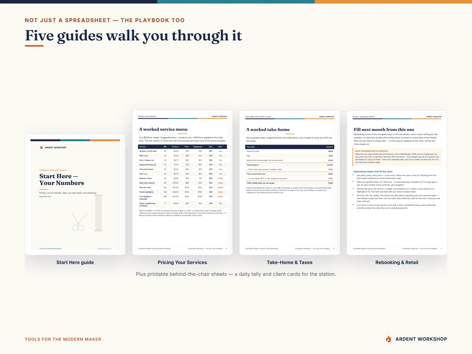 Five PDF guides — Start Here, Pricing Your Services, Take-Home and Taxes, Clients and Rebooking, and printable behind-the-chair sheets