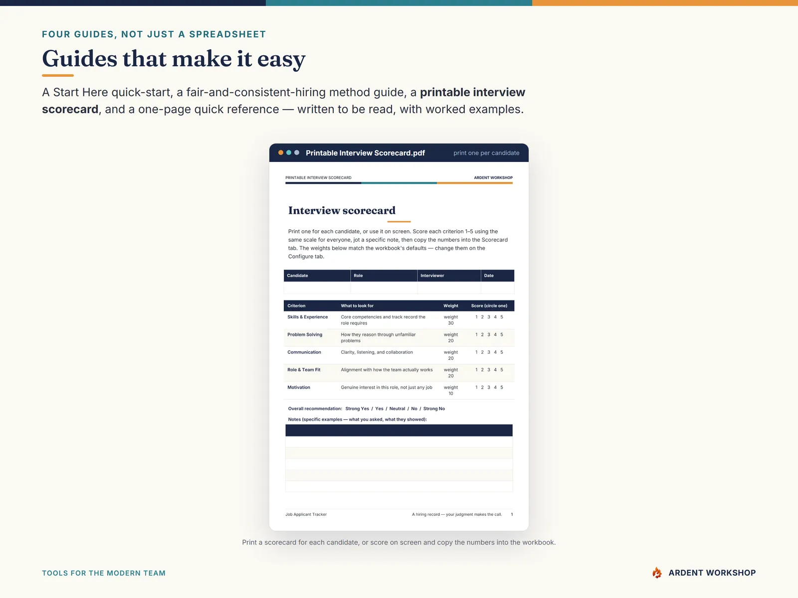 Four PDF guides including a printable interview scorecard