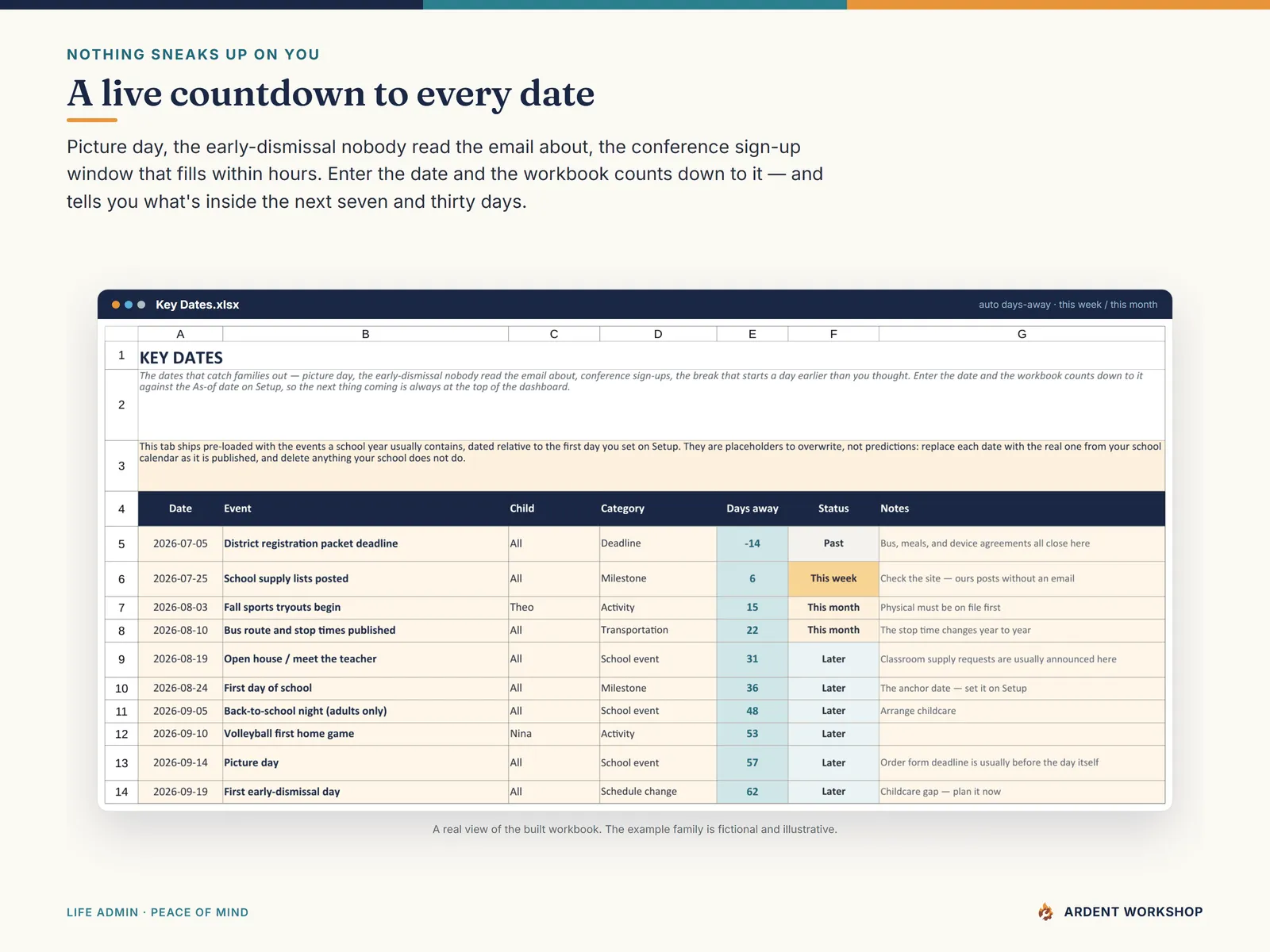 Back-to-School Family Organizer — the Key Dates tab counting down to picture day, early dismissals and conference sign-ups