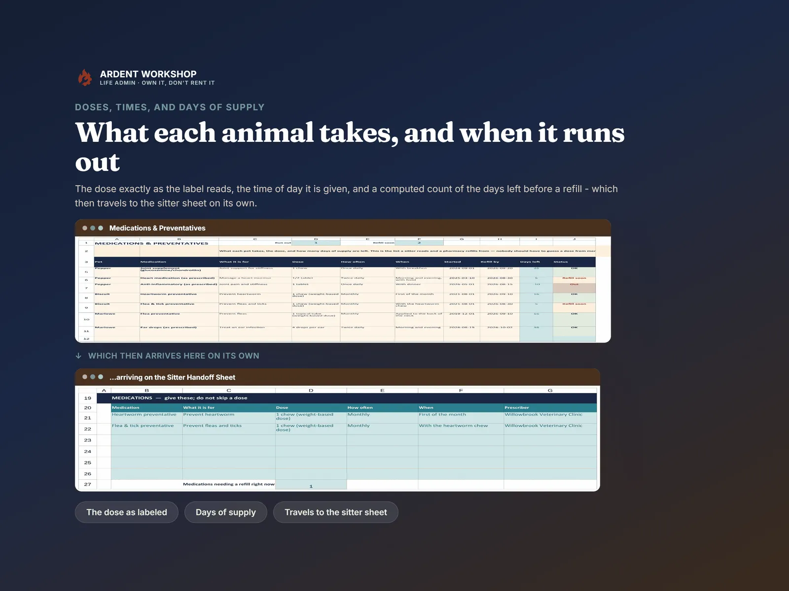 Medications & Preventatives with doses, times and days of supply, arriving automatically on the Sitter Handoff Sheet
