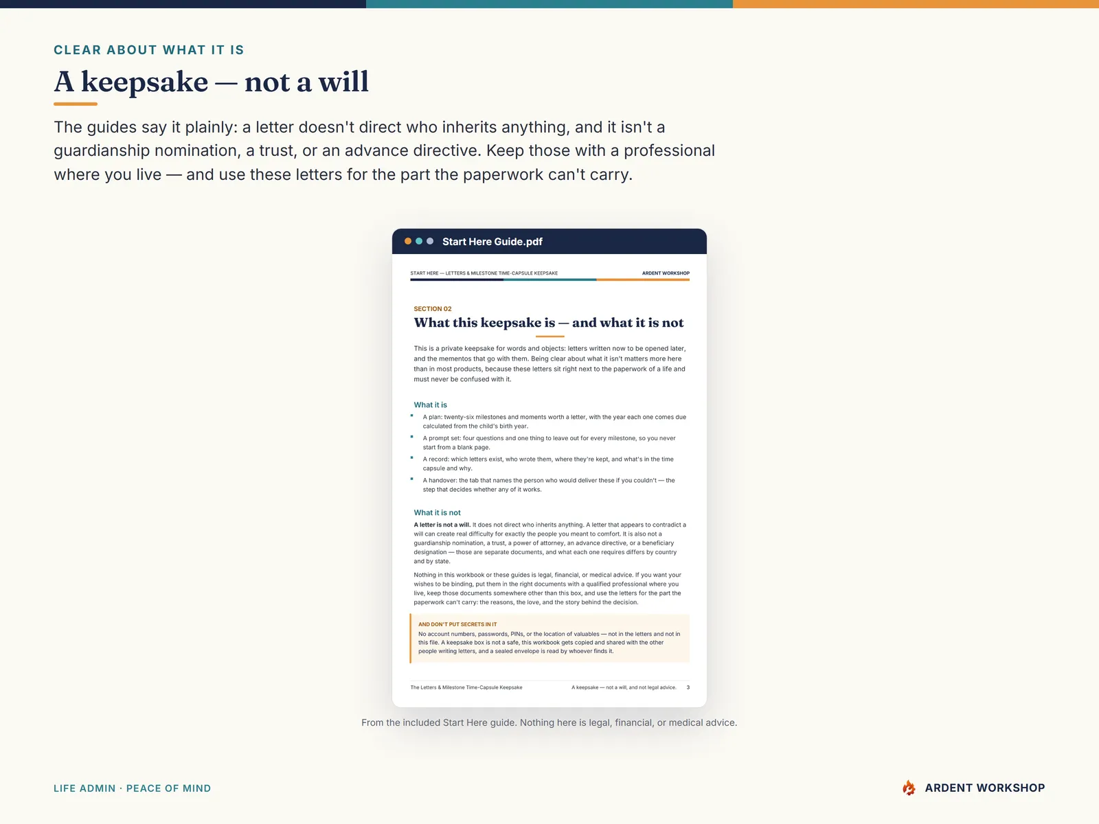 A guide page stating plainly that a letter is a keepsake and not a will