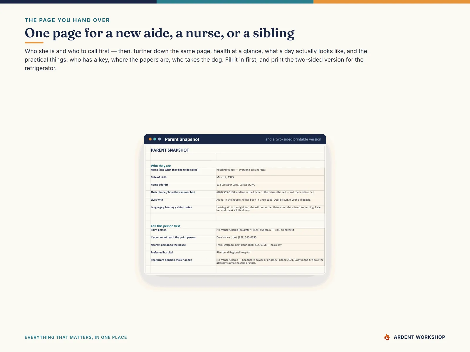 The Parent Snapshot one-pager and its printable two-sided version for the refrigerator