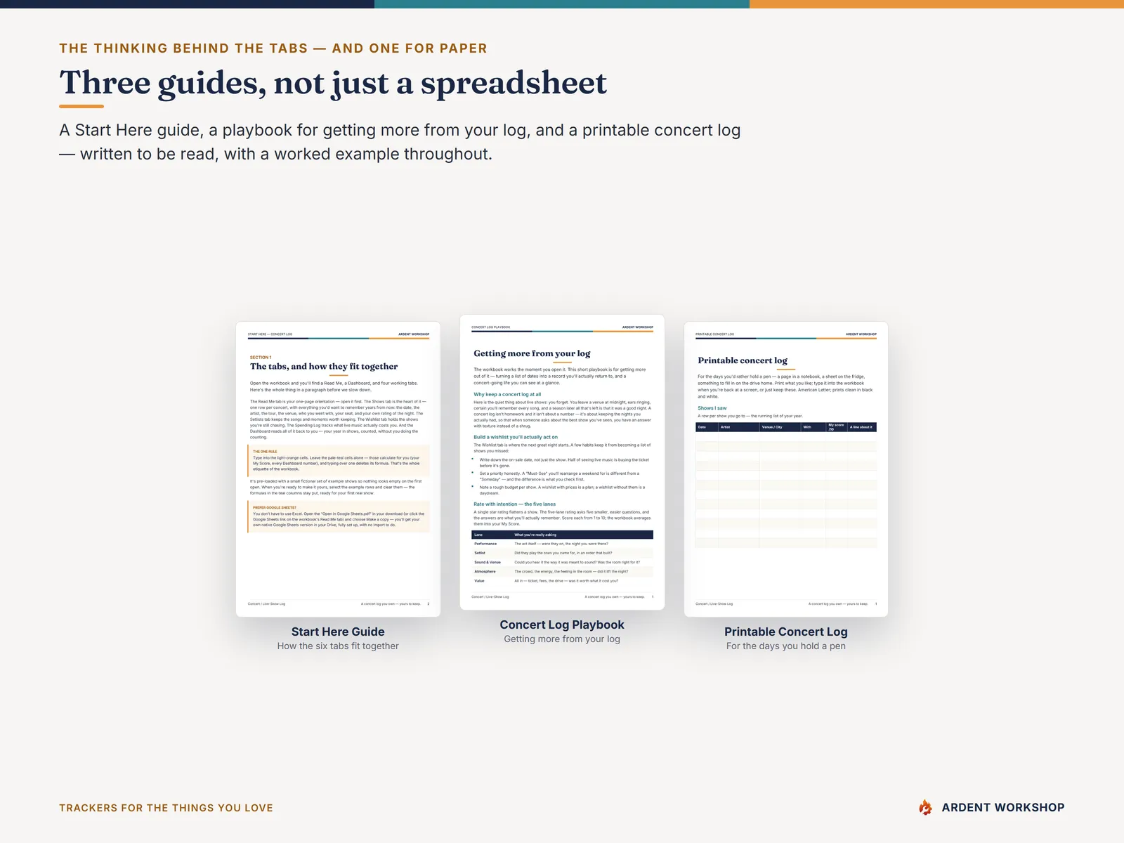 Concert & Live-Show Log — three PDF guides: a Start Here guide, a Concert Log Playbook, and a printable concert log