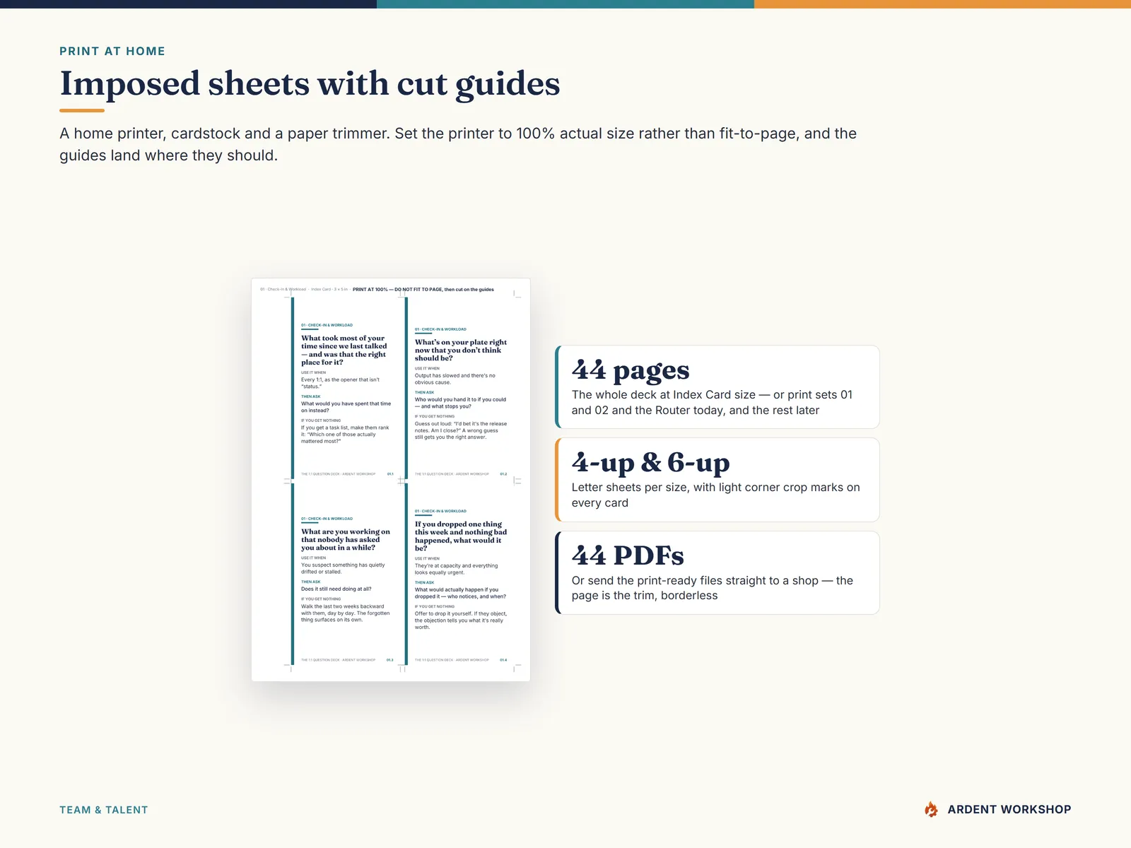 An imposed US Letter print-at-home sheet with corner crop marks — the whole deck is 44 pages at Index Card size