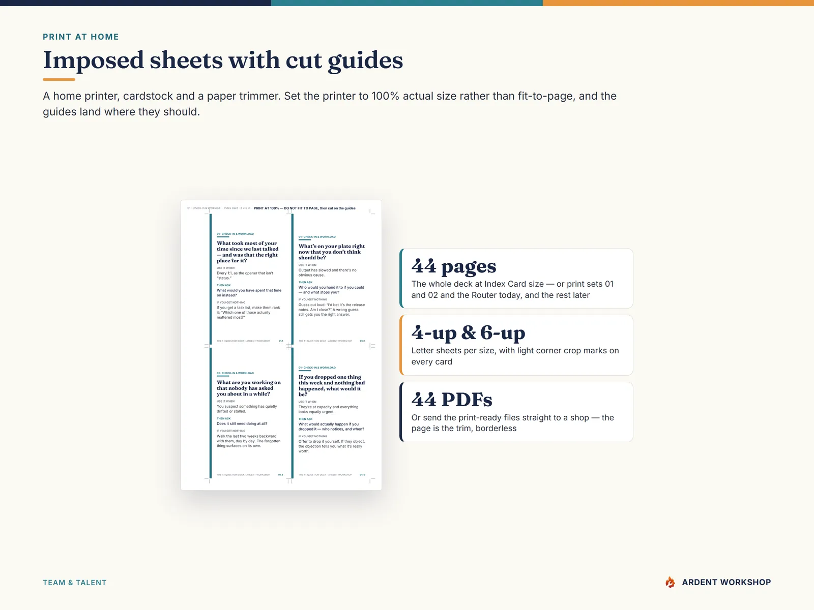 An imposed US Letter print-at-home sheet with corner crop marks — the whole deck is 44 pages at Index Card size