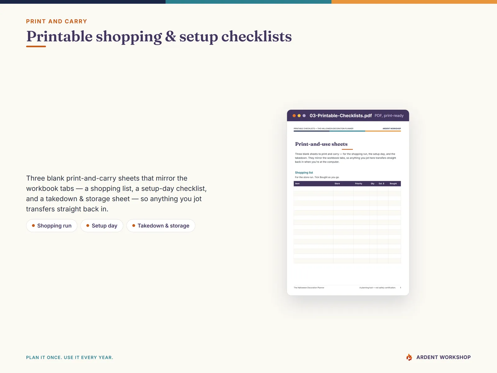 Printable checklists — shopping, setup-day, and takedown sheets