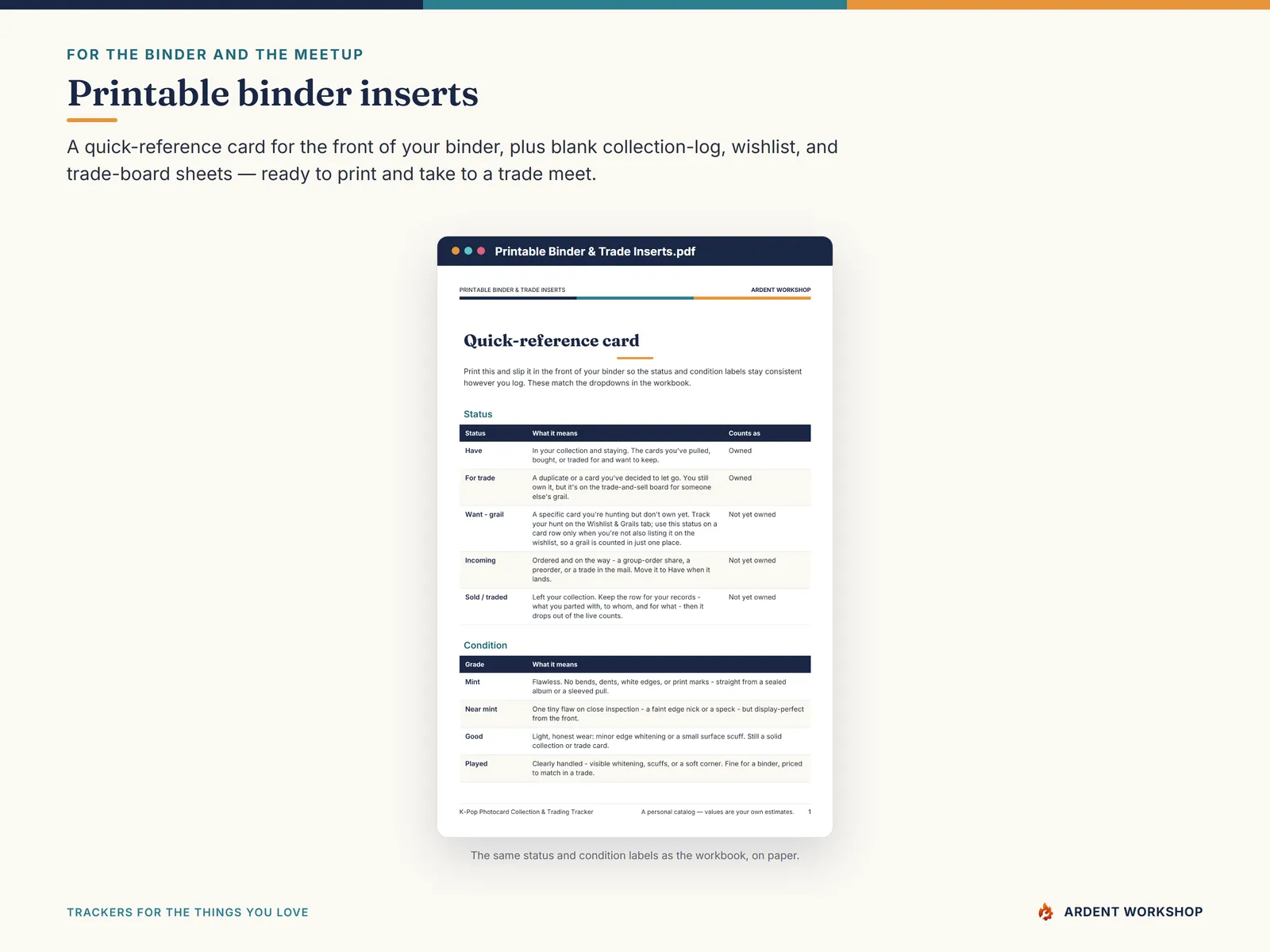 Printable binder inserts — a quick-reference card and blank collection log, wishlist, and trade sheets