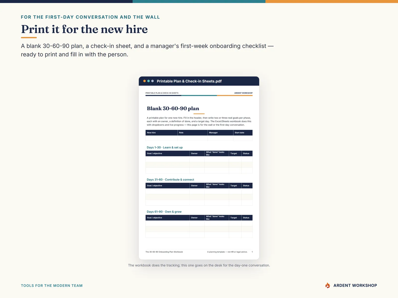 Printable 30-60-90 plan, check-in sheet, and a manager's first-week onboarding checklist