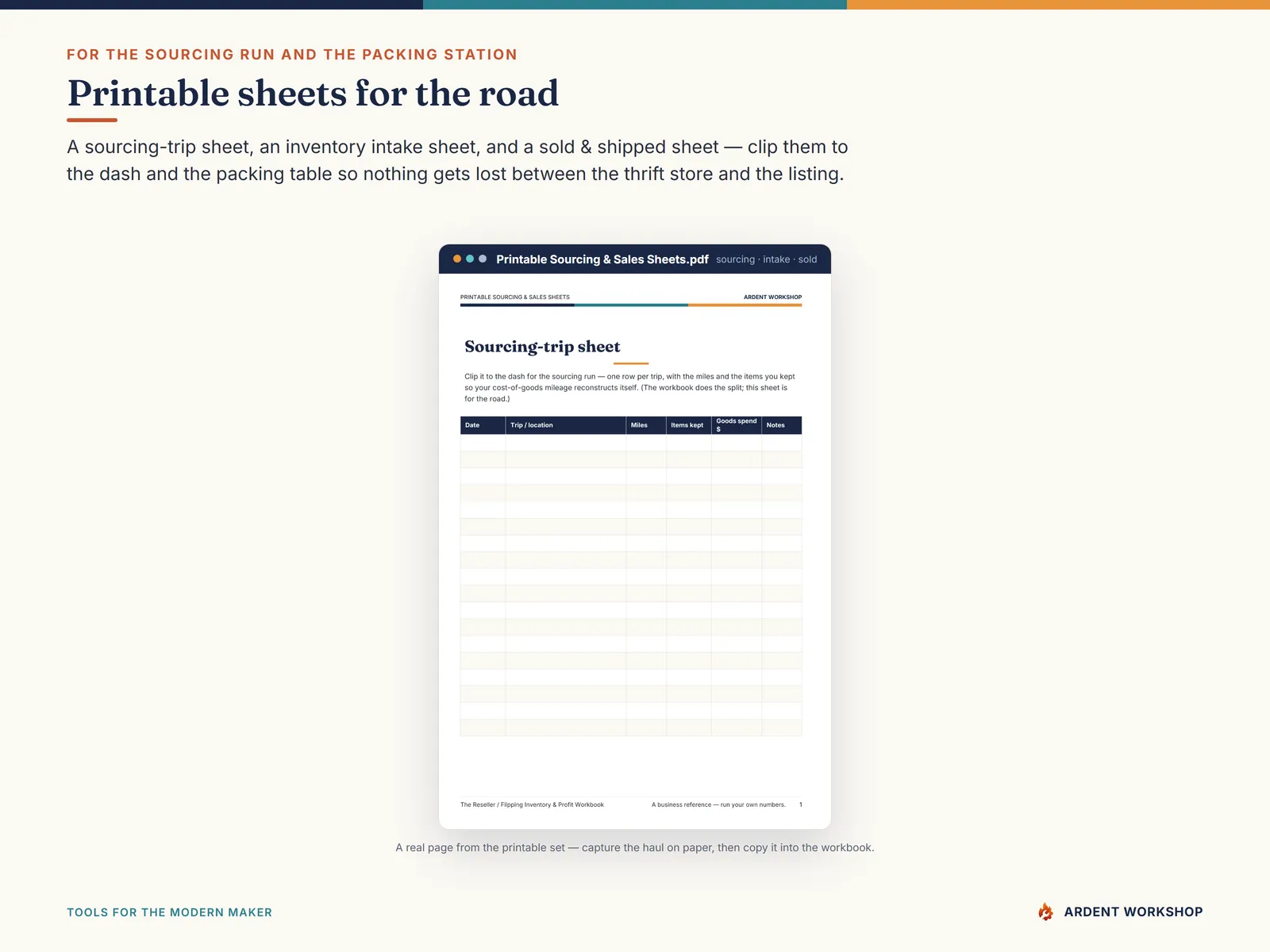 Reseller Inventory & Profit Workbook — printable sourcing, intake, and sold & shipped sheets