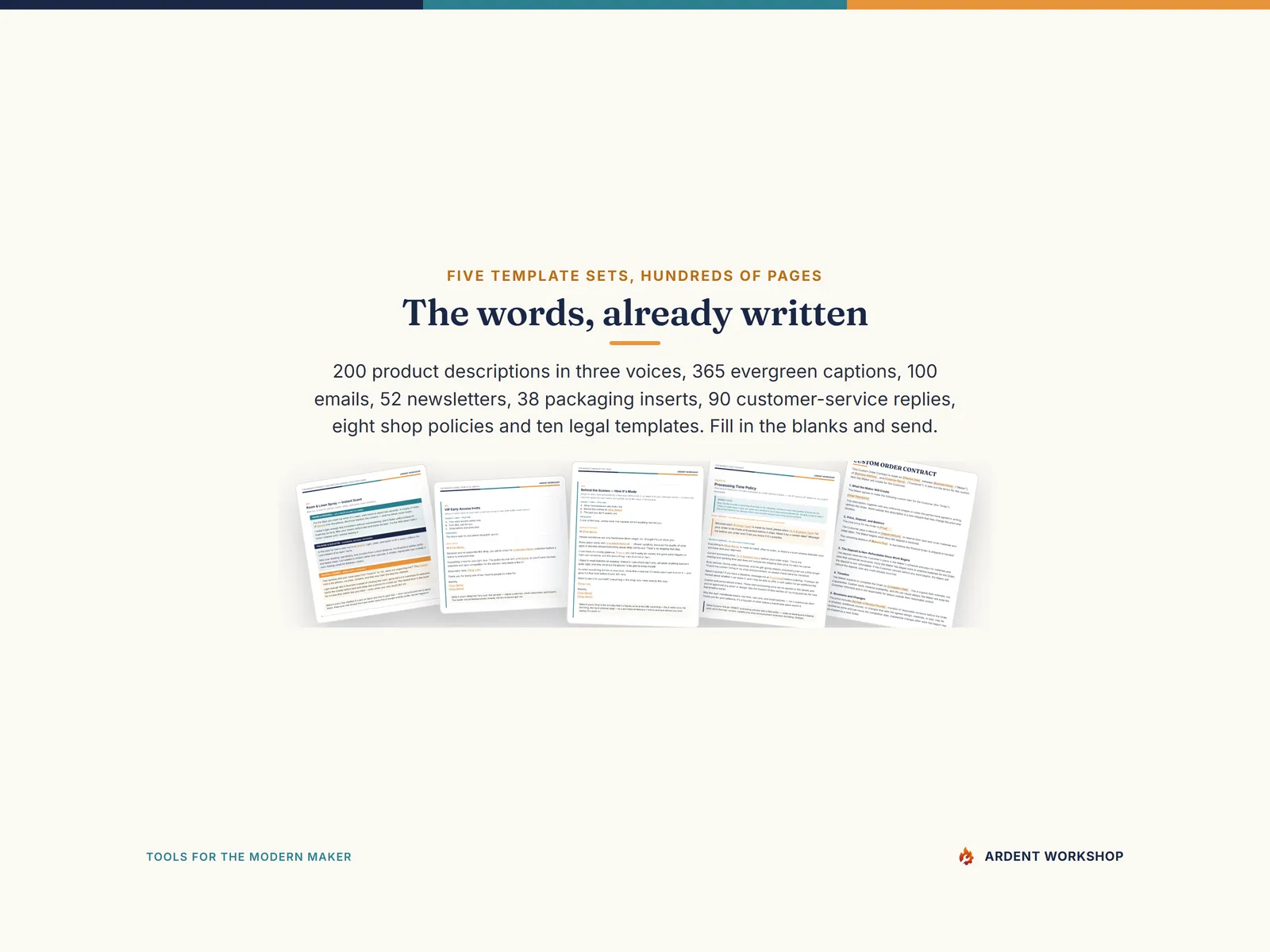 The five template sets — product descriptions, emails, newsletters, policies and legal