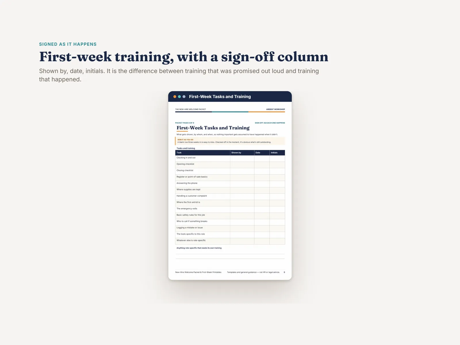 First-Week Tasks and Training — a training checklist with shown-by, date and initials columns for sign-off as each item happens