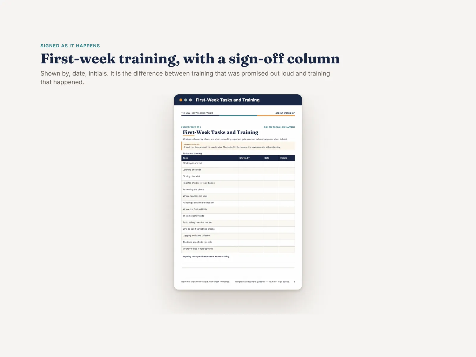 First-Week Tasks and Training — a training checklist with shown-by, date and initials columns for sign-off as each item happens