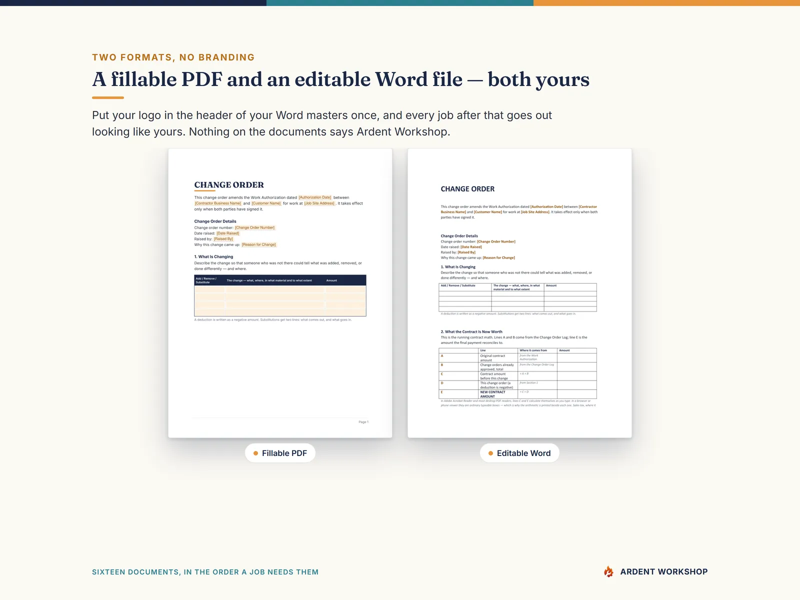 Two formats for every document — a fillable PDF and an editable Word file, both white-label