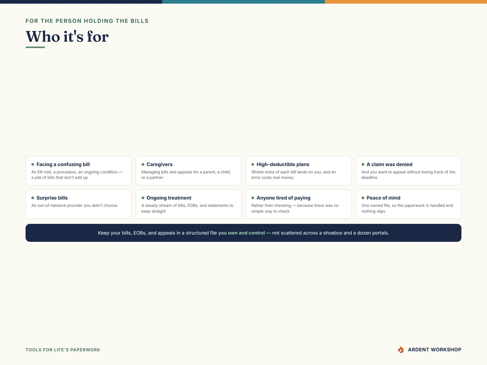 Built for anyone facing a confusing medical bill, caregivers, and households on high-deductible plans
