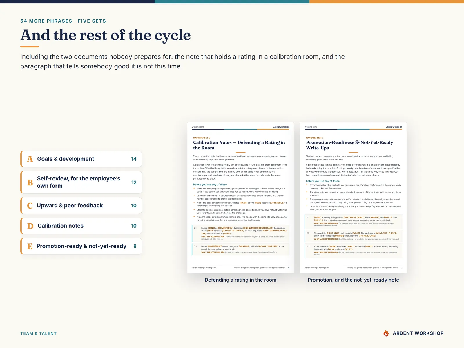 The calibration-note and promotion write-up wording sets — the four-line note that defends a rating in the room