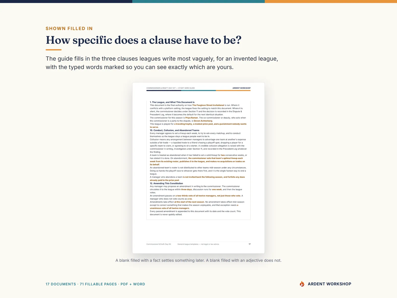 A worked example — three constitution clauses shown filled in for an invented league