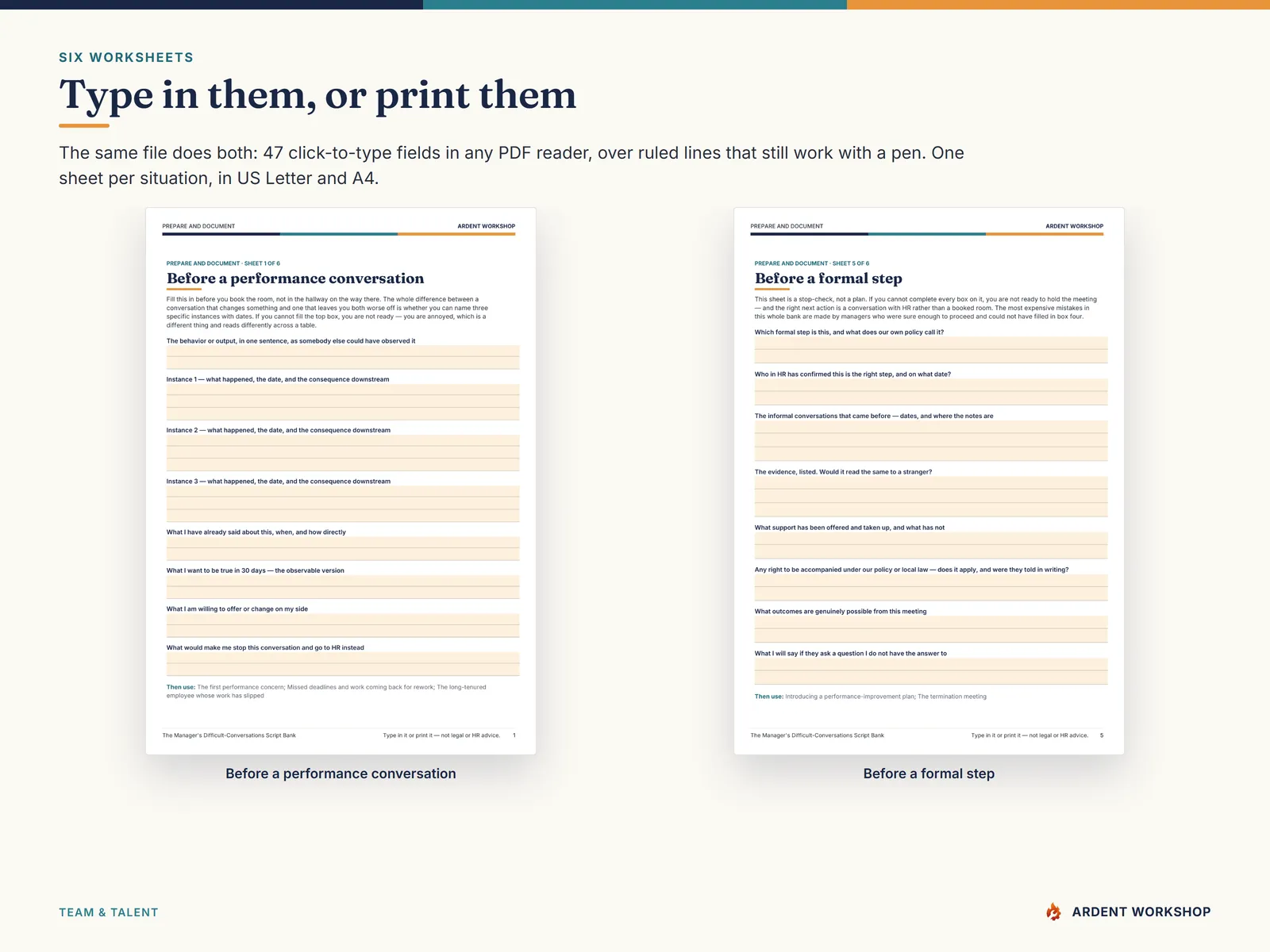 Two prepare-and-document worksheets — fillable in any PDF reader and printable with ruled lines
