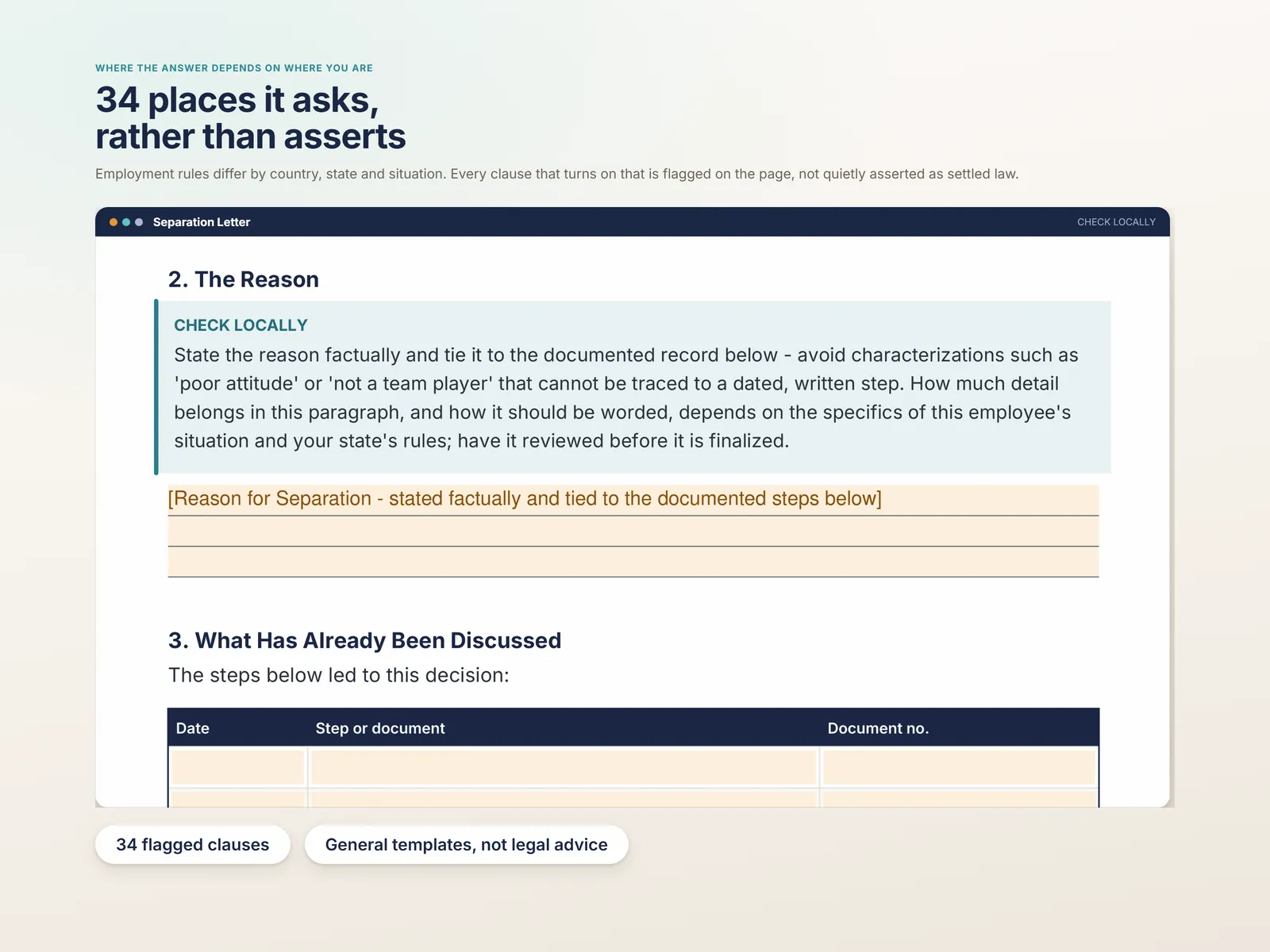 34 CHECK LOCALLY flags where a clause depends on your jurisdiction, shown on a real separation letter page