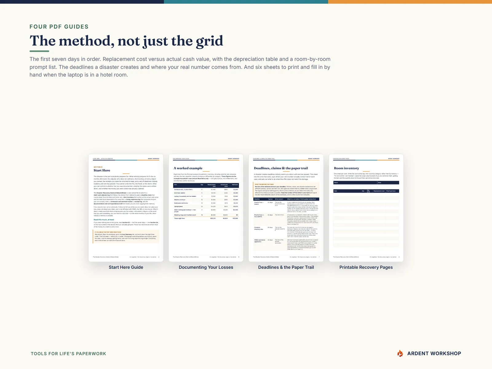 The four PDF guides included with the disaster-recovery claims binder