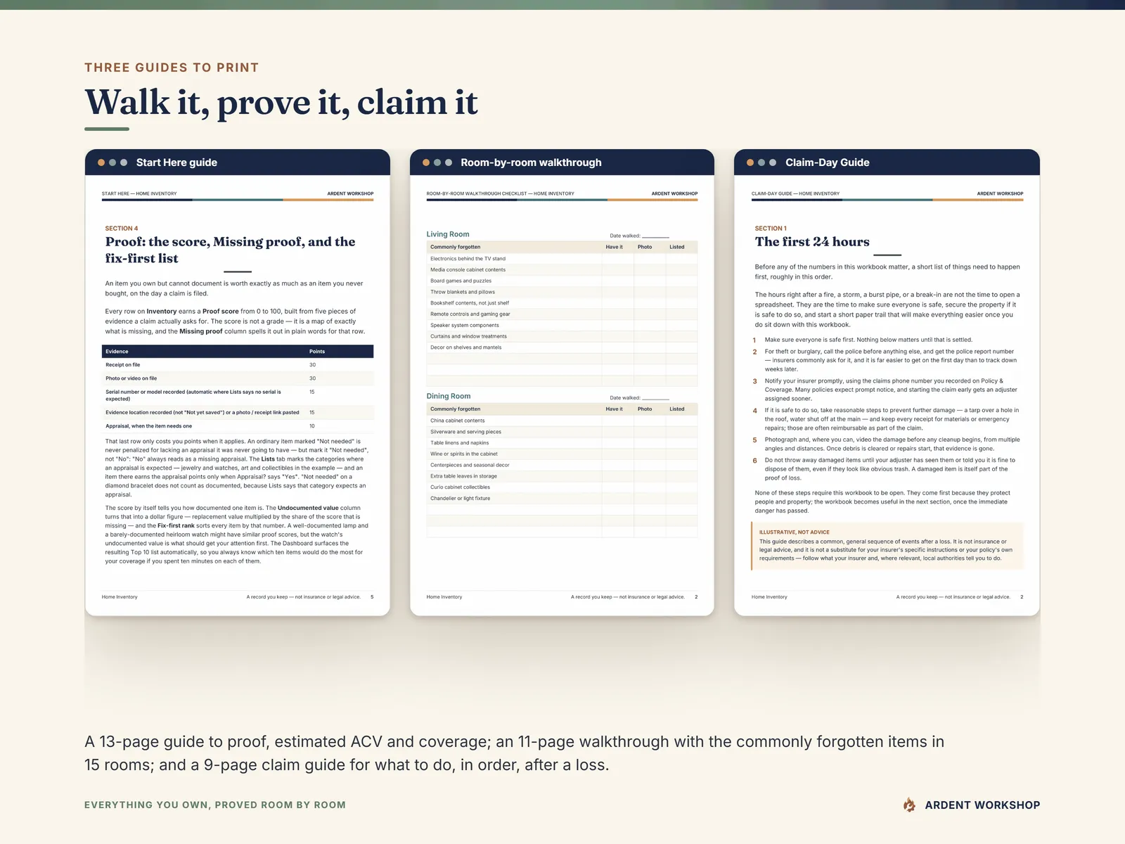Three printable guides - the Start Here guide's proof-score page, the room-by-room walkthrough checklist and the Claim-Day Guide's first 24 hours