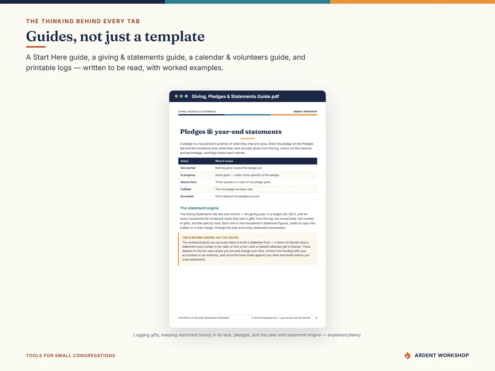 Four PDF guides on giving and statements, the calendar, volunteers, and getting started