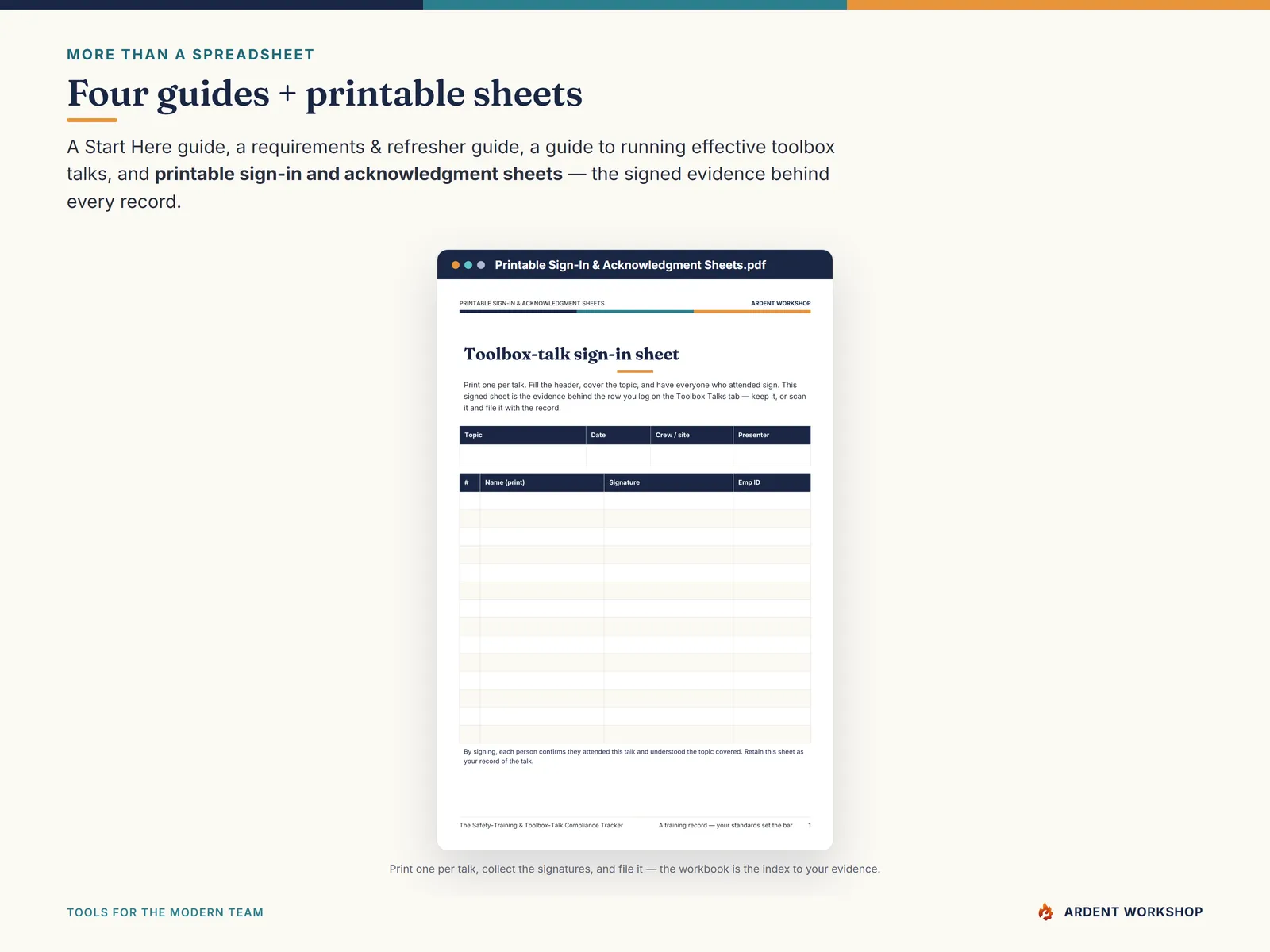 Four PDF guides, including printable sign-in and acknowledgment sheets