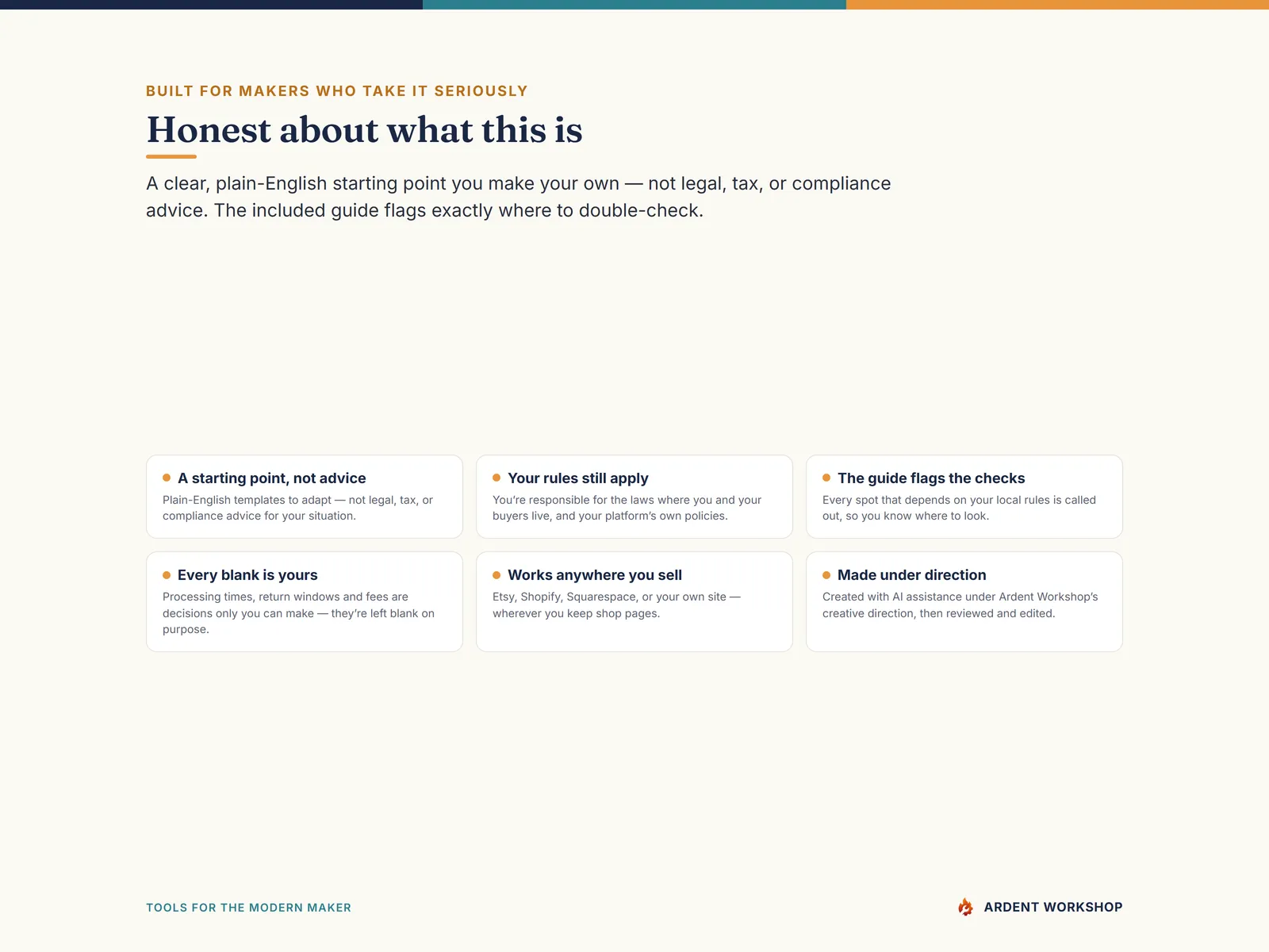 Maker's Shop Policies & FAQ Pack — honest about what this is (a starting point, not legal advice)