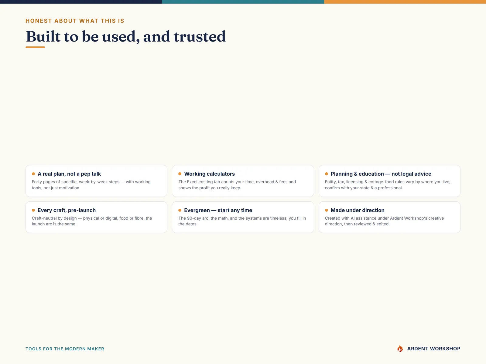 A grid of six reassurance cards titled 'Built to be used, and trusted' — a real plan not a pep talk, working calculators, planning not legal advice, every craft, evergreen, and made under creative direction