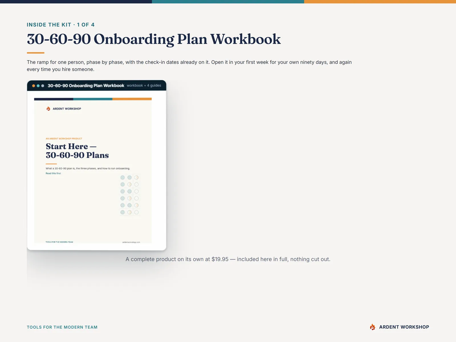 Inside the 30-60-90 Onboarding Plan Workbook, a complete product included in full at $19.95