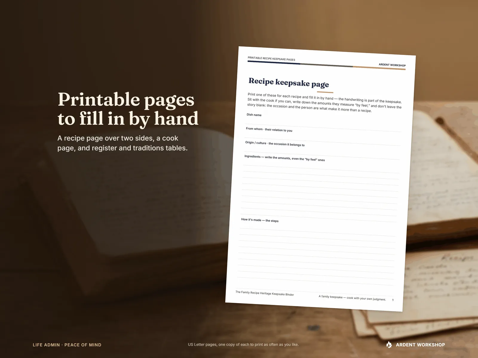 Family Recipe Keepsake Binder — the printable recipe keepsake page, the front of a two-sided US Letter recipe page, to fill in by hand