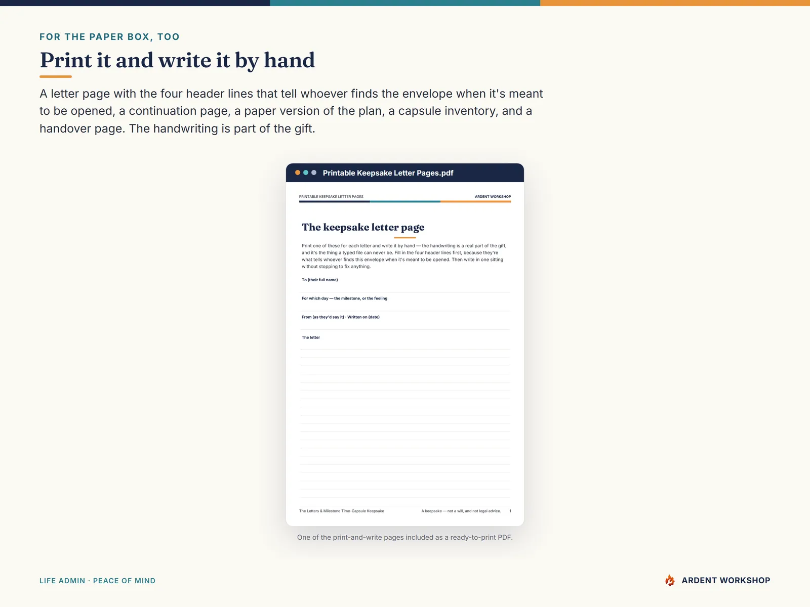 The printable keepsake letter page, with header fields for who it's for and when it's to be opened