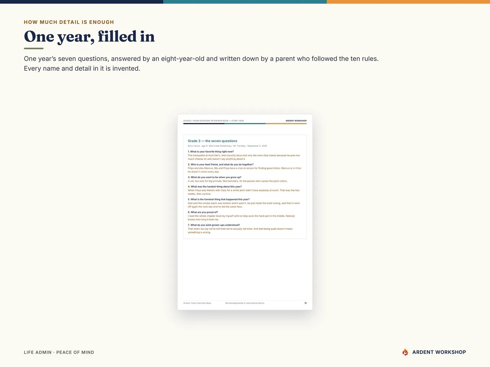 One year filled in — an eight-year-old's answers transcribed exactly as she said them