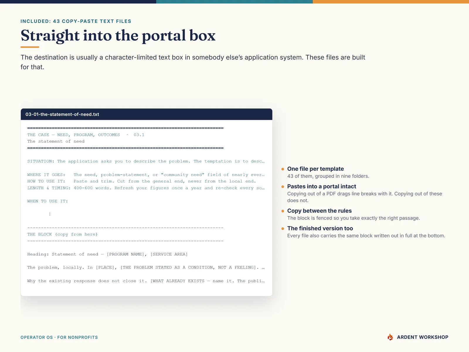 A plain-text template file open in an editor, ready to paste into an application portal