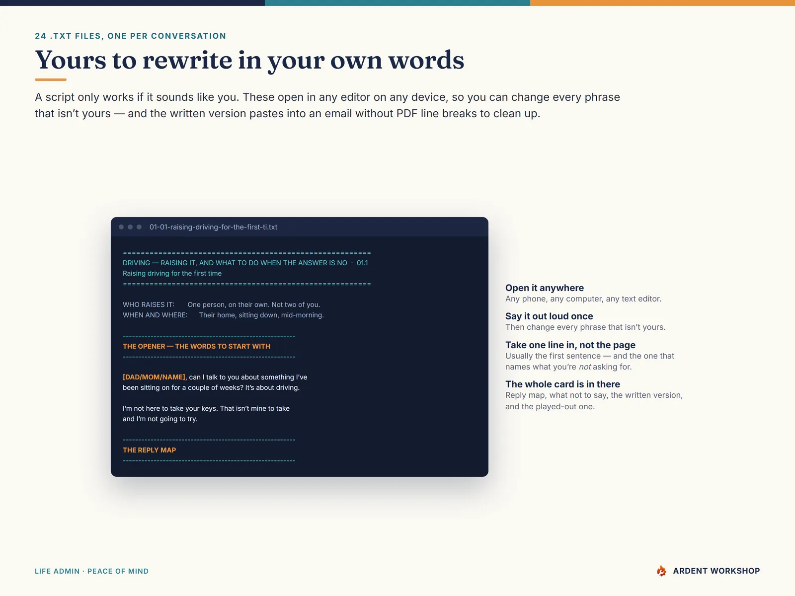 A plain-text script file open in an editor, ready to rewrite in your own words